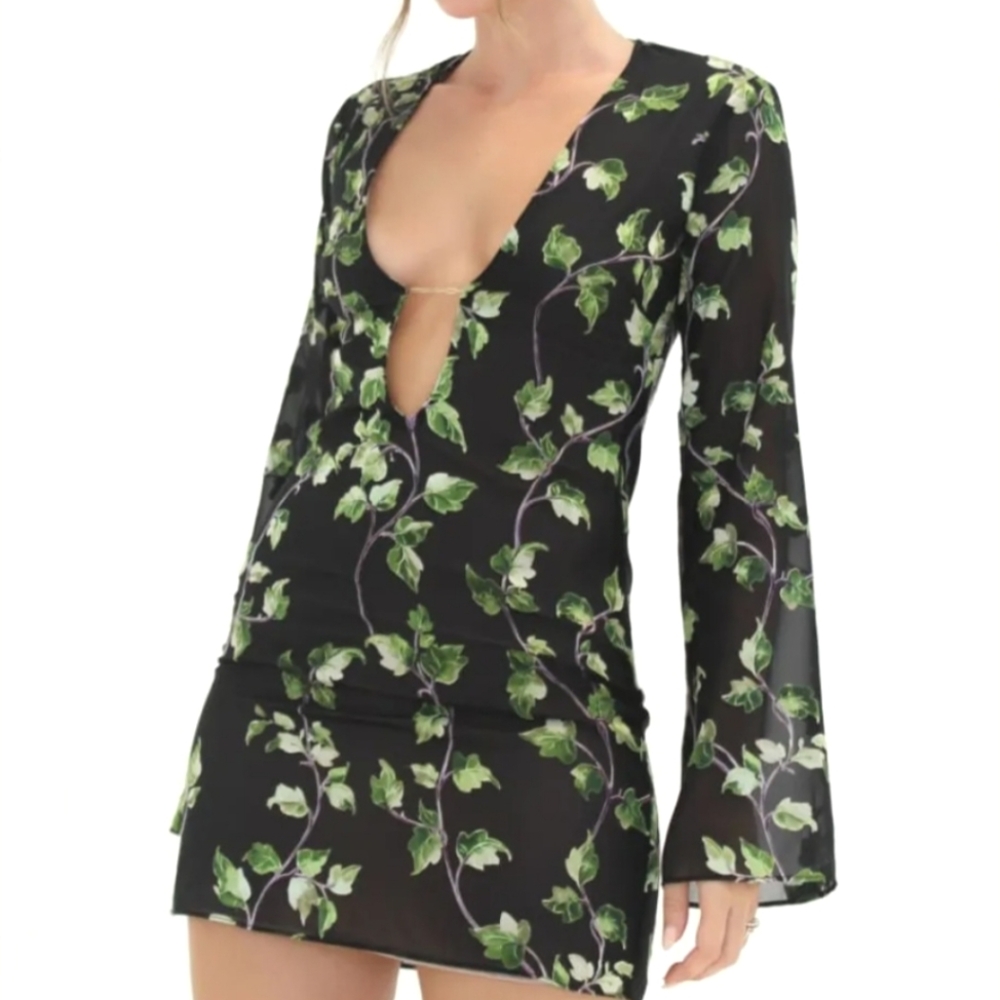 Rumored Mini Dress, Black Green Purple, Floral, Long Sleeve Size L New With Tags